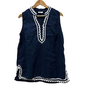 Charter Club Tunic Top Womens L Navy Blue Linen Ric Rac Trim Sleeveless V-Neck